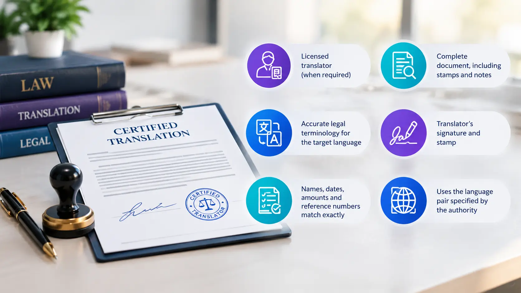 What Is Legal Translation in Dubai: Requirements for a valid legal translation, including MOJ-licensed translators, accurate legal terminology, official stamps, signatures, and exact document details.